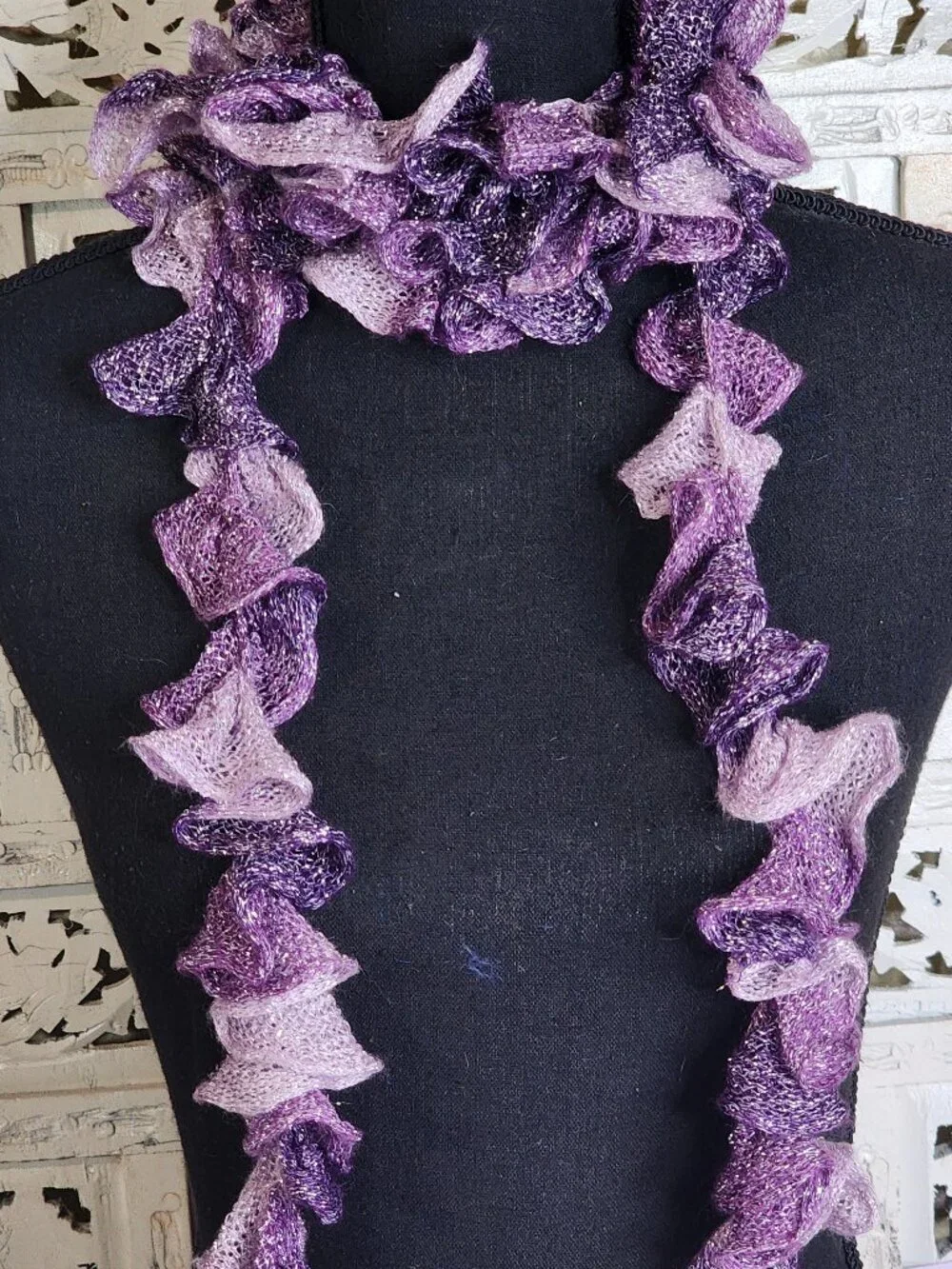 Handmade Crochet Purple and Lilac with Metallic Silver Threads Throughout Scarf